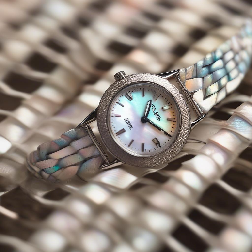 Close-up of a Women's Timex Mother of Pearl Basket Weave Band