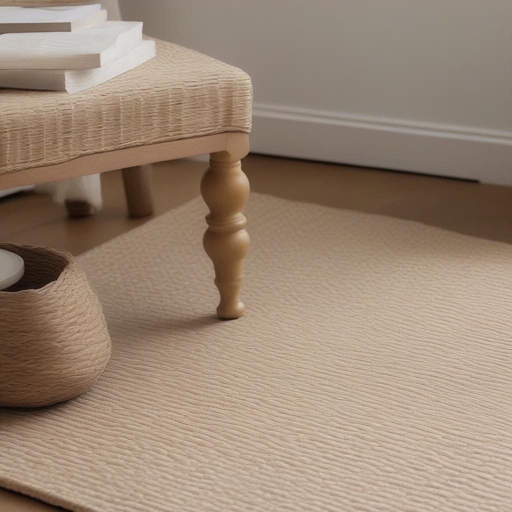 Bleached ivory basket weave jute rug from World Market showcasing its texture and color in a living room setting.