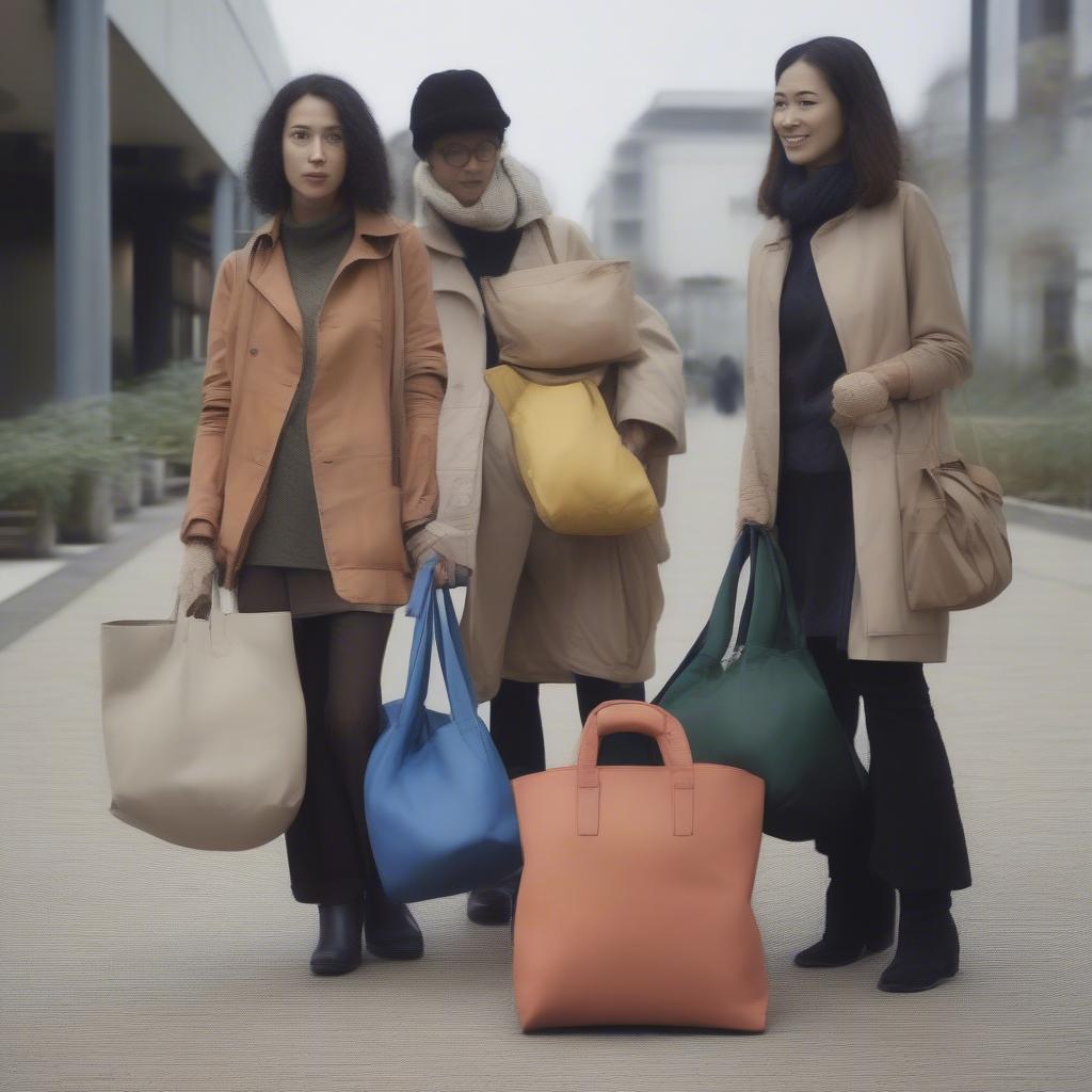 People using woven African market bags in different settings, such as shopping, at the beach, and traveling.