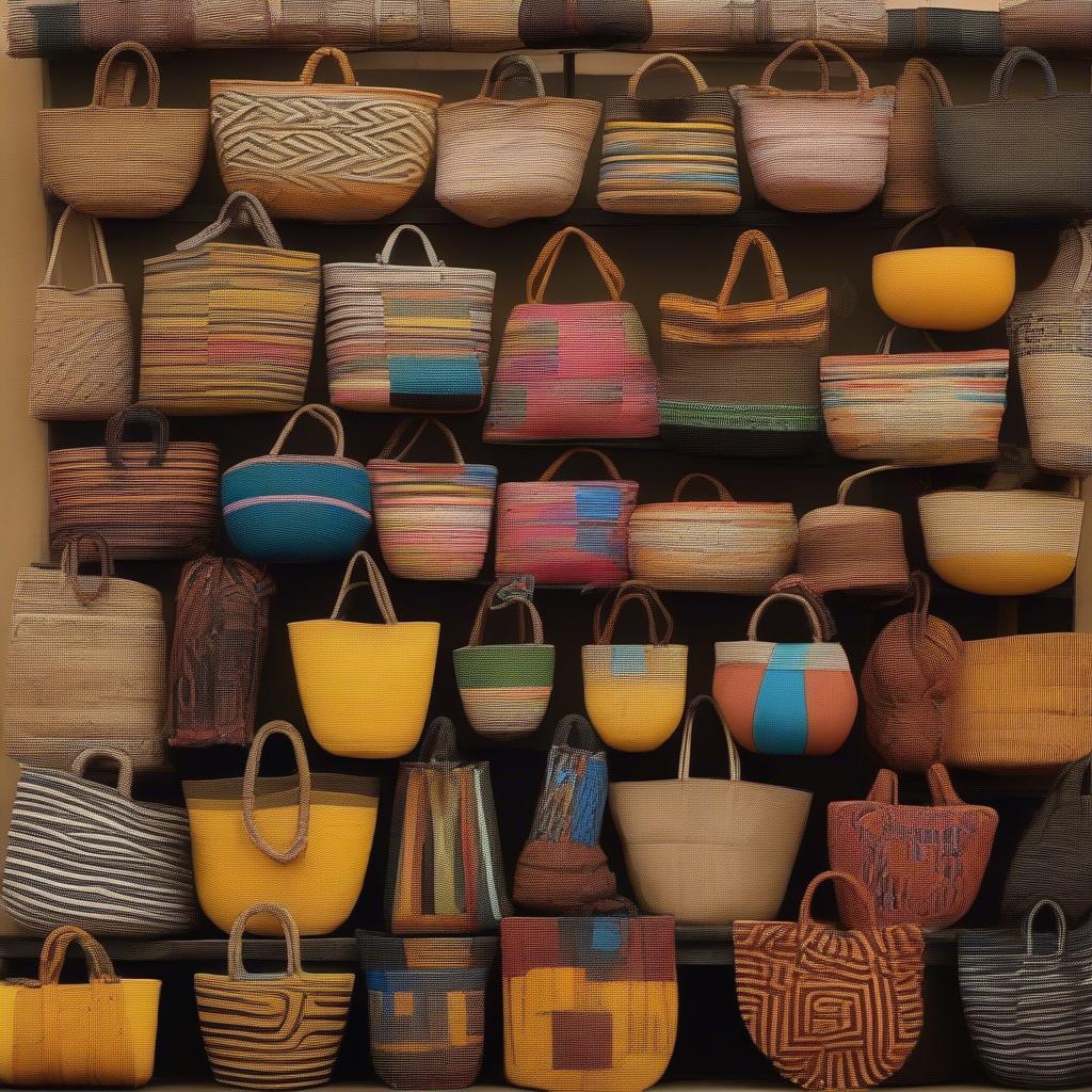 Different styles of woven African market bags showcasing their unique patterns and sizes.