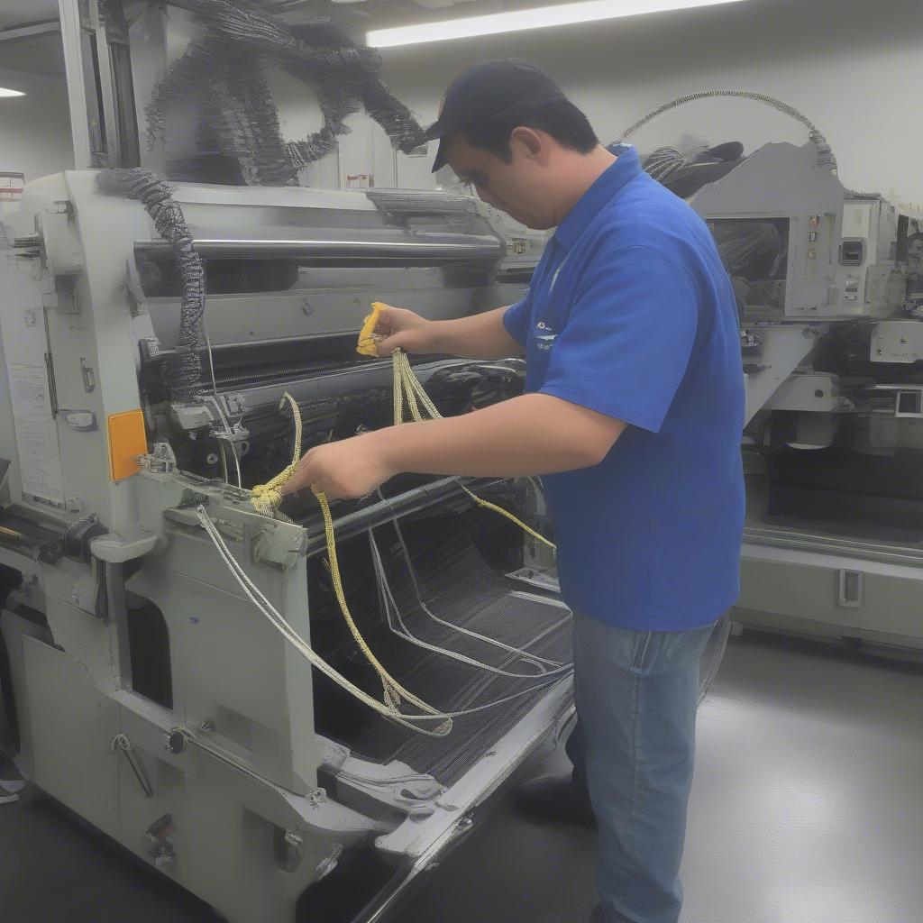 Technician performing maintenance on a woven bag bagging line, emphasizing the importance of regular upkeep.