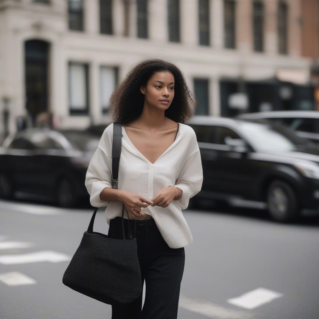 Woman carrying a woven bag with a black strap in a city setting