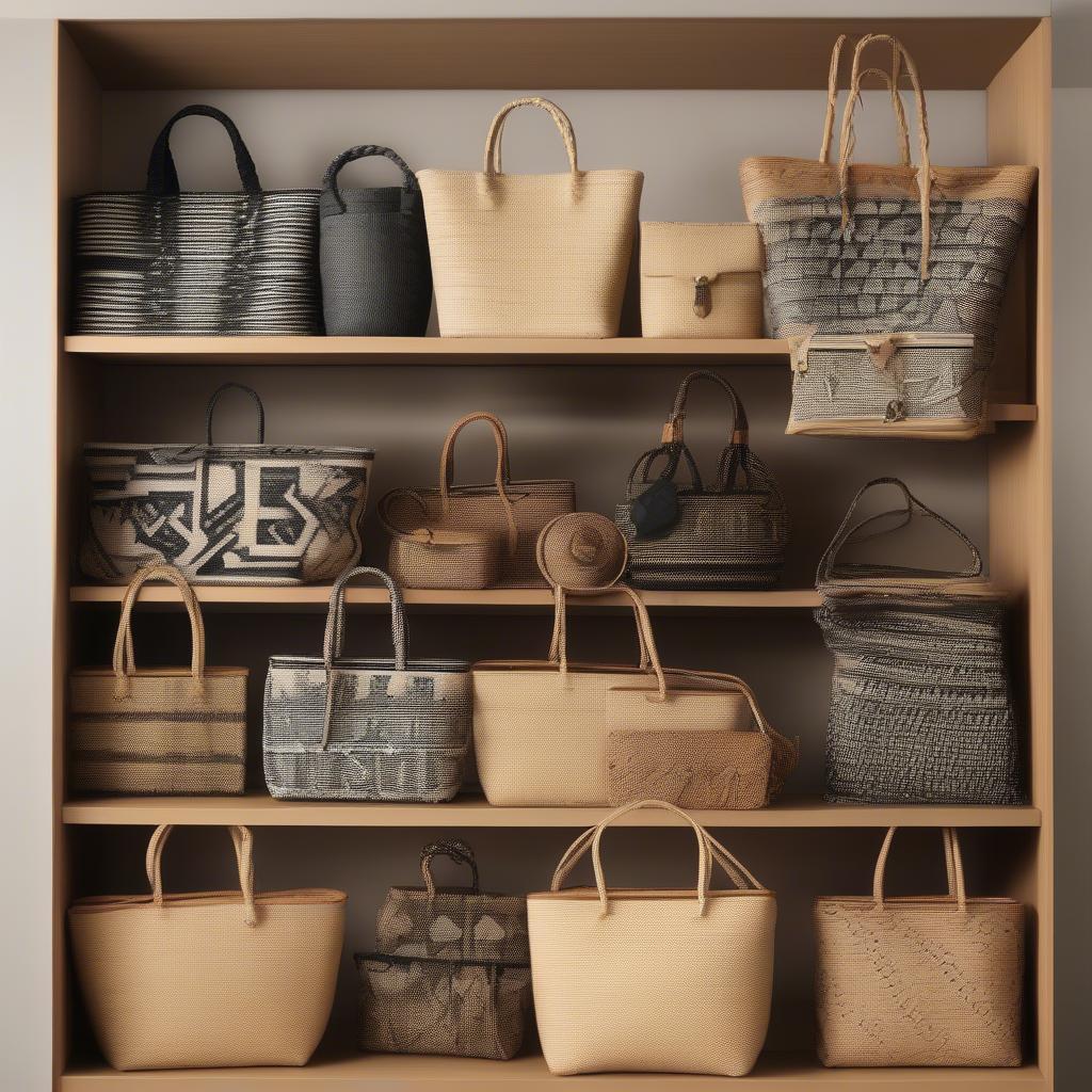 Different styles and sizes of woven bags with black straps displayed on a shelf.