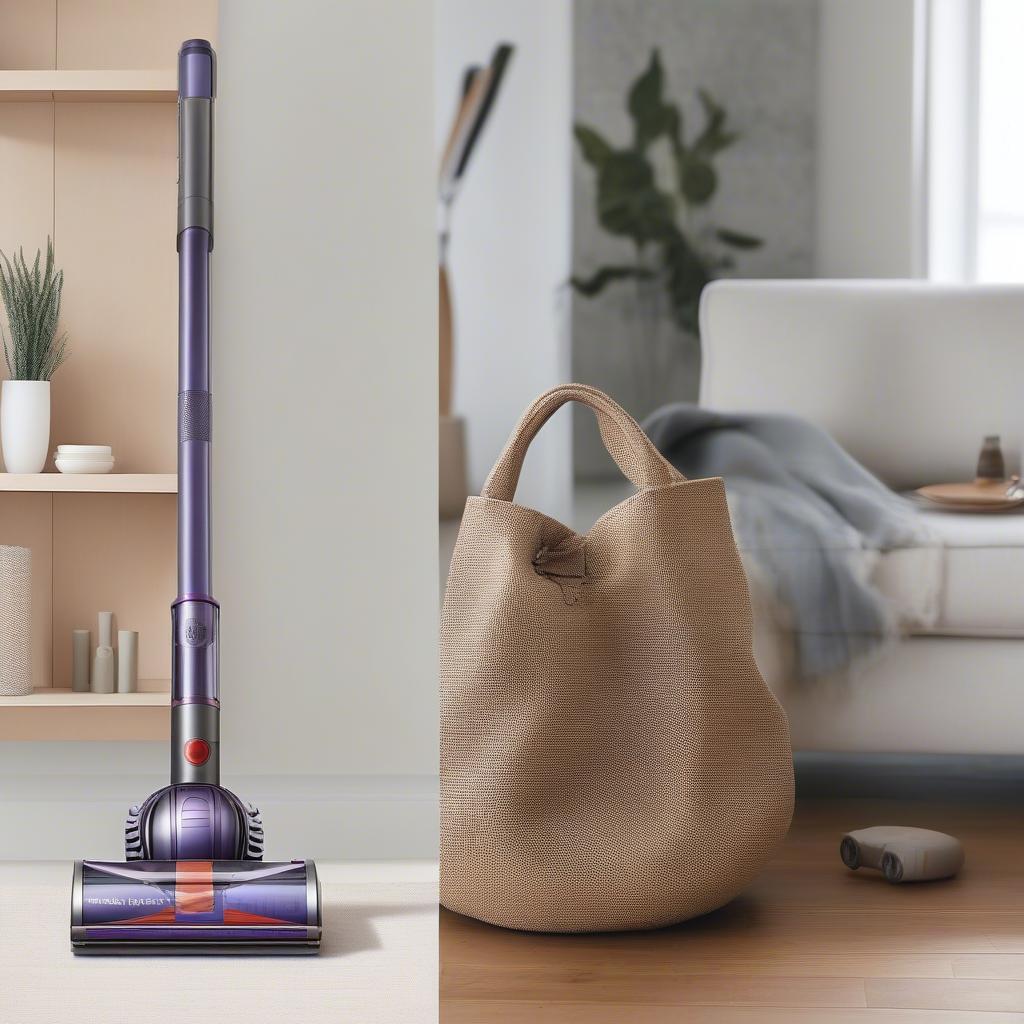 Woven bag for Dyson vacuum integrated into different home decor styles like bohemian, modern farmhouse, and minimalist.