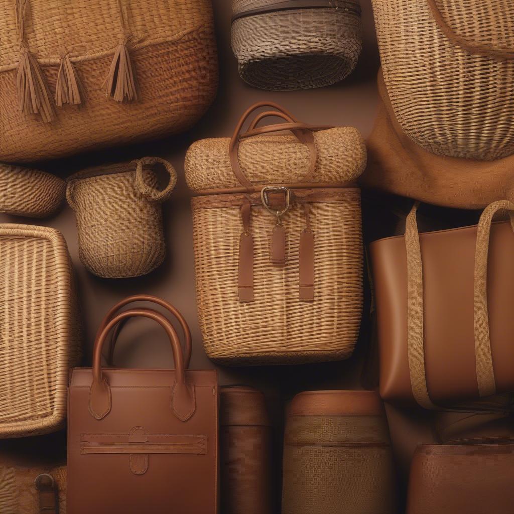 Comparison of different woven bag materials: wicker, rattan, and leather, showcasing their unique textures and characteristics.