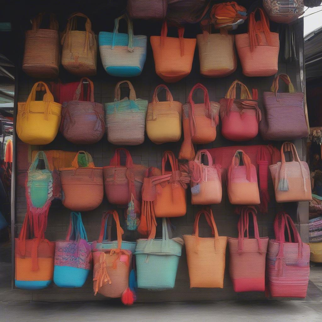 Woven bags displayed at a bustling street market in Bangi