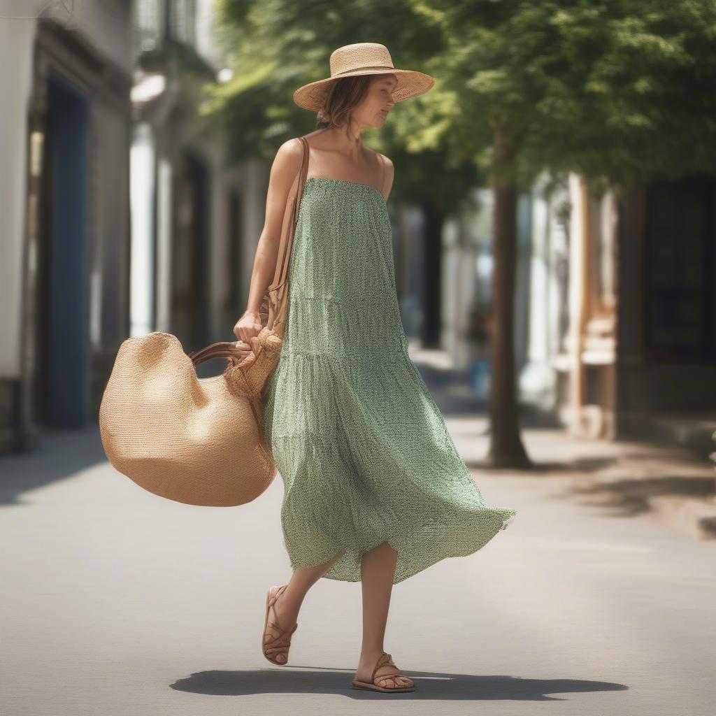 Woman carrying a large woven bag as part of a stylish summer outfit