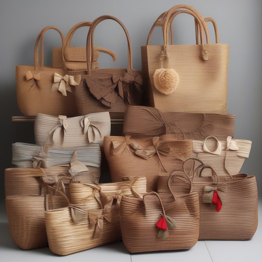 Variety of woven bags with bows showcasing different sizes, materials, and bow styles