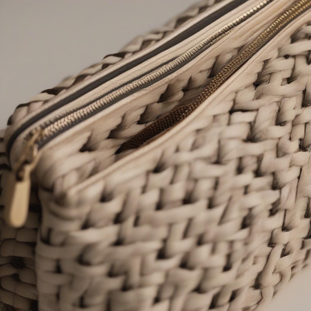 Close-up of a stylish woven bag with a zip closure, showcasing the intricate weaving and the secure zip.