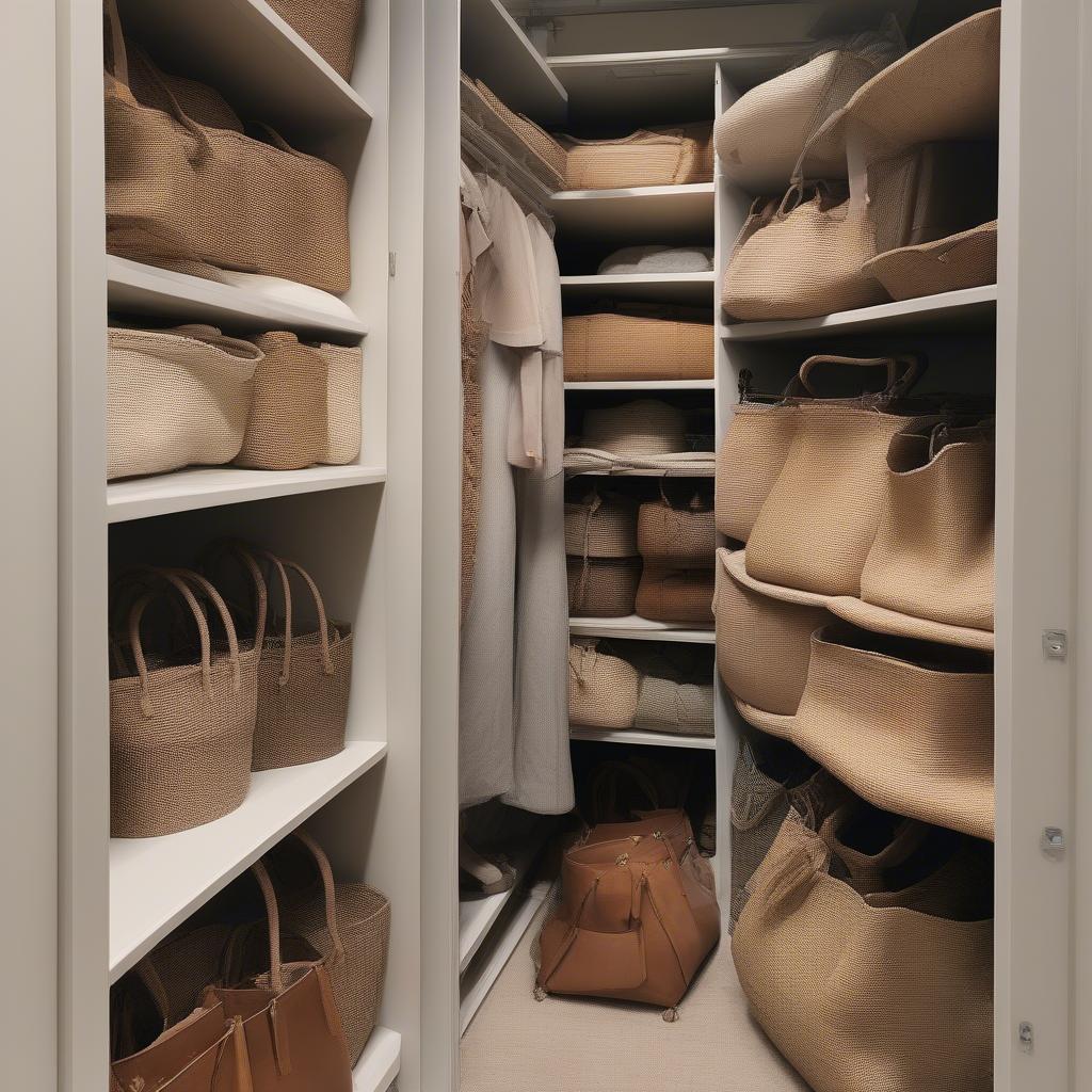 Several woven bags neatly stored in a closet, showcasing proper storage techniques.