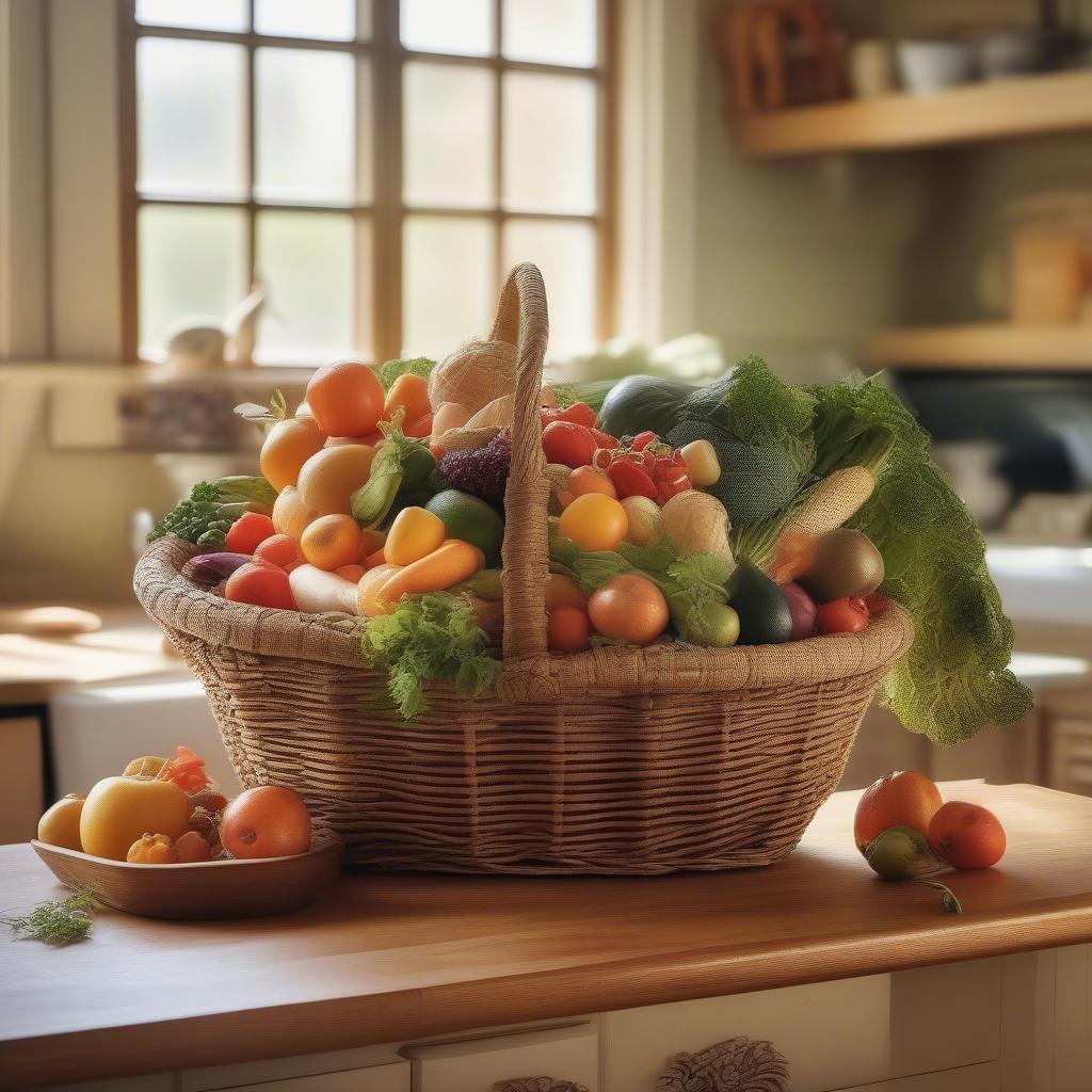 Woven Basket Filled with Fresh Produce in a Country Kitchen