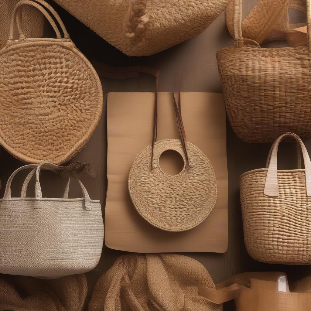 Close-up of various woven basket tote bag materials like wicker, rattan, seagrass, and bamboo