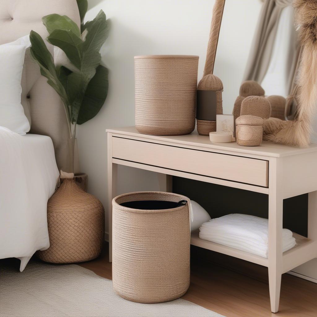 Styling a woven basket trash can in a bedroom