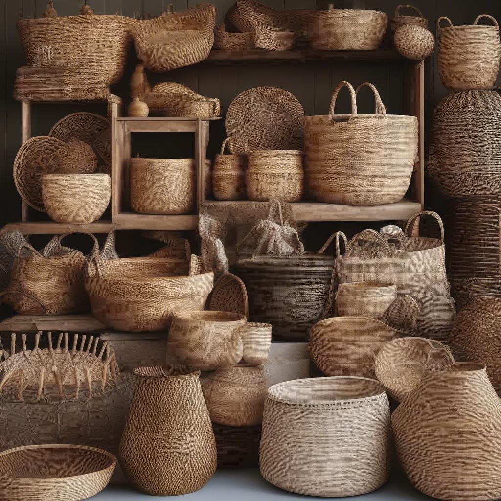 A display of various woven baskets, showcasing different materials, shapes, and sizes.