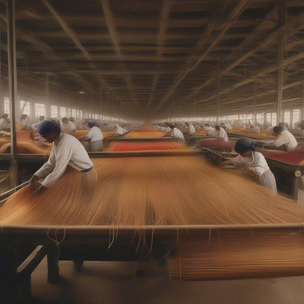 Woven beach bag factory production line showcasing workers and machinery.