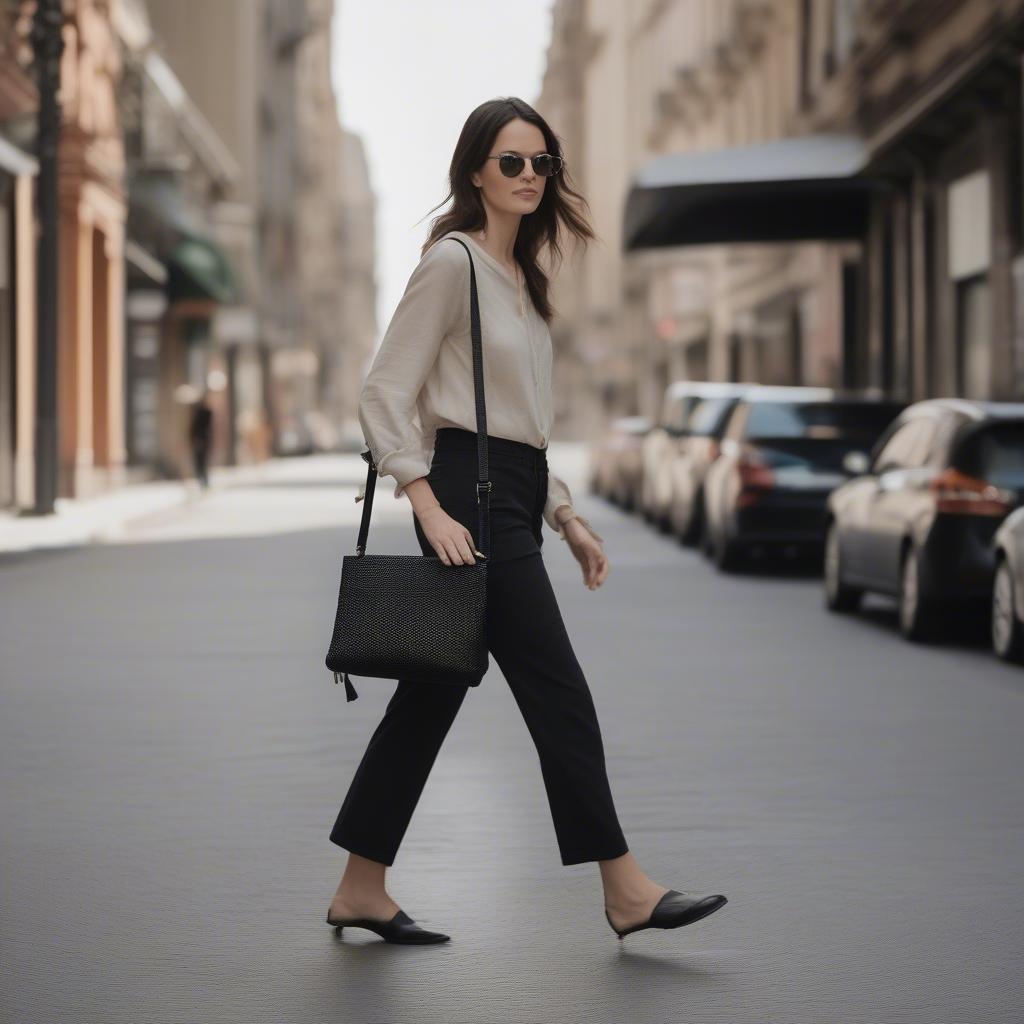 Stylish woman wearing a black woven crossbody bag while strolling down a city street.