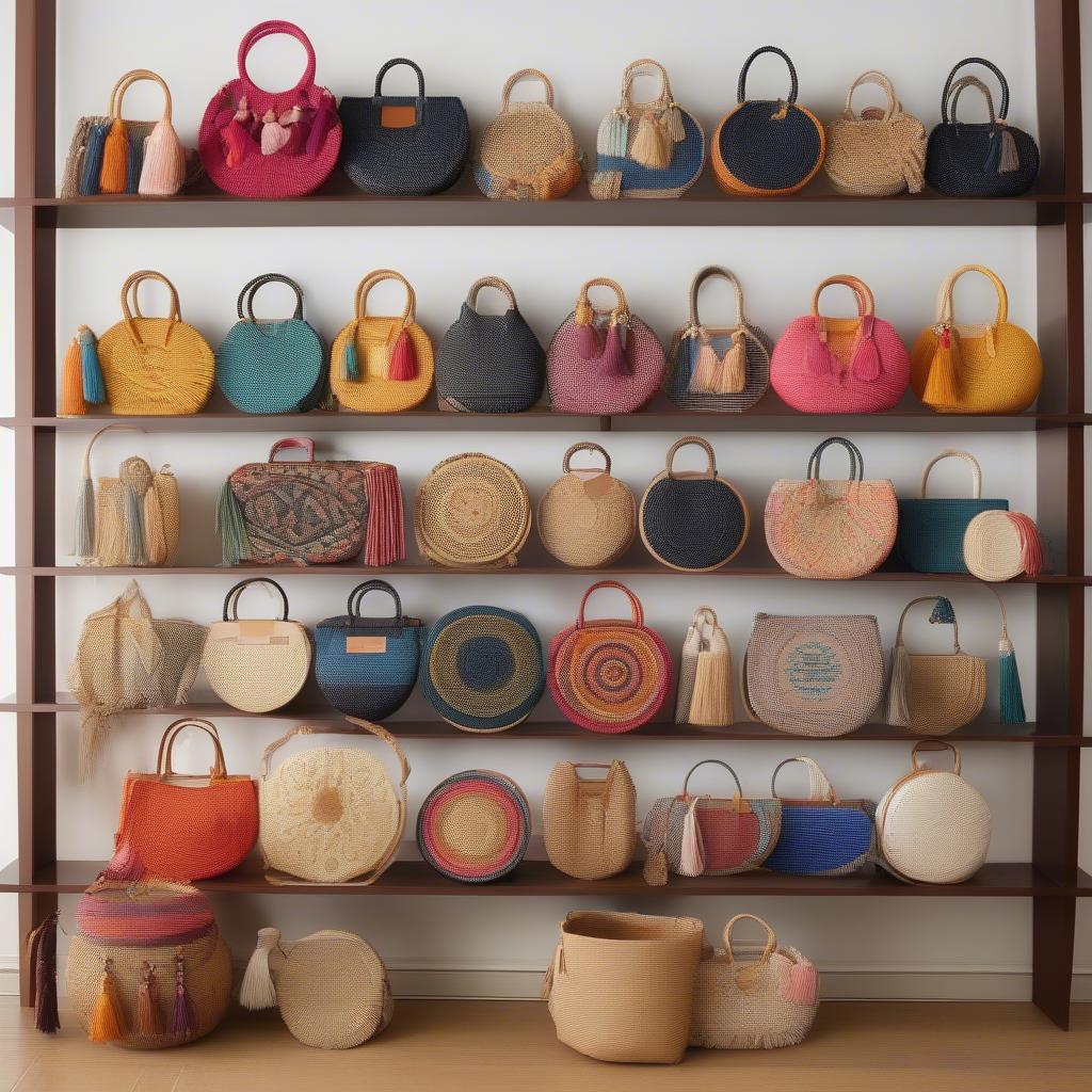 A collection of big woven circle bags displayed on a shelf, showcasing different designs with tassels, embroidery, and leather accents.