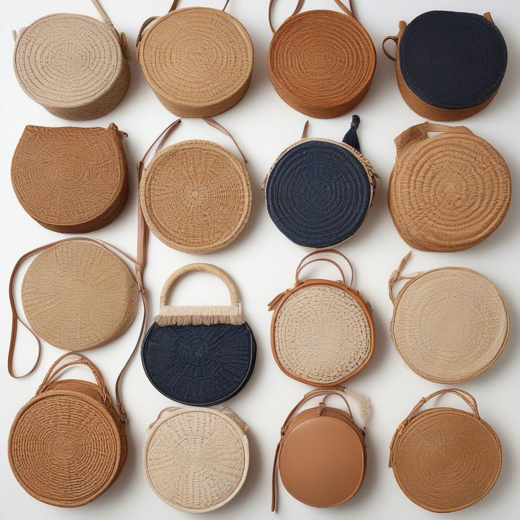 Woven circle cross body bags in different styles, materials and colors.