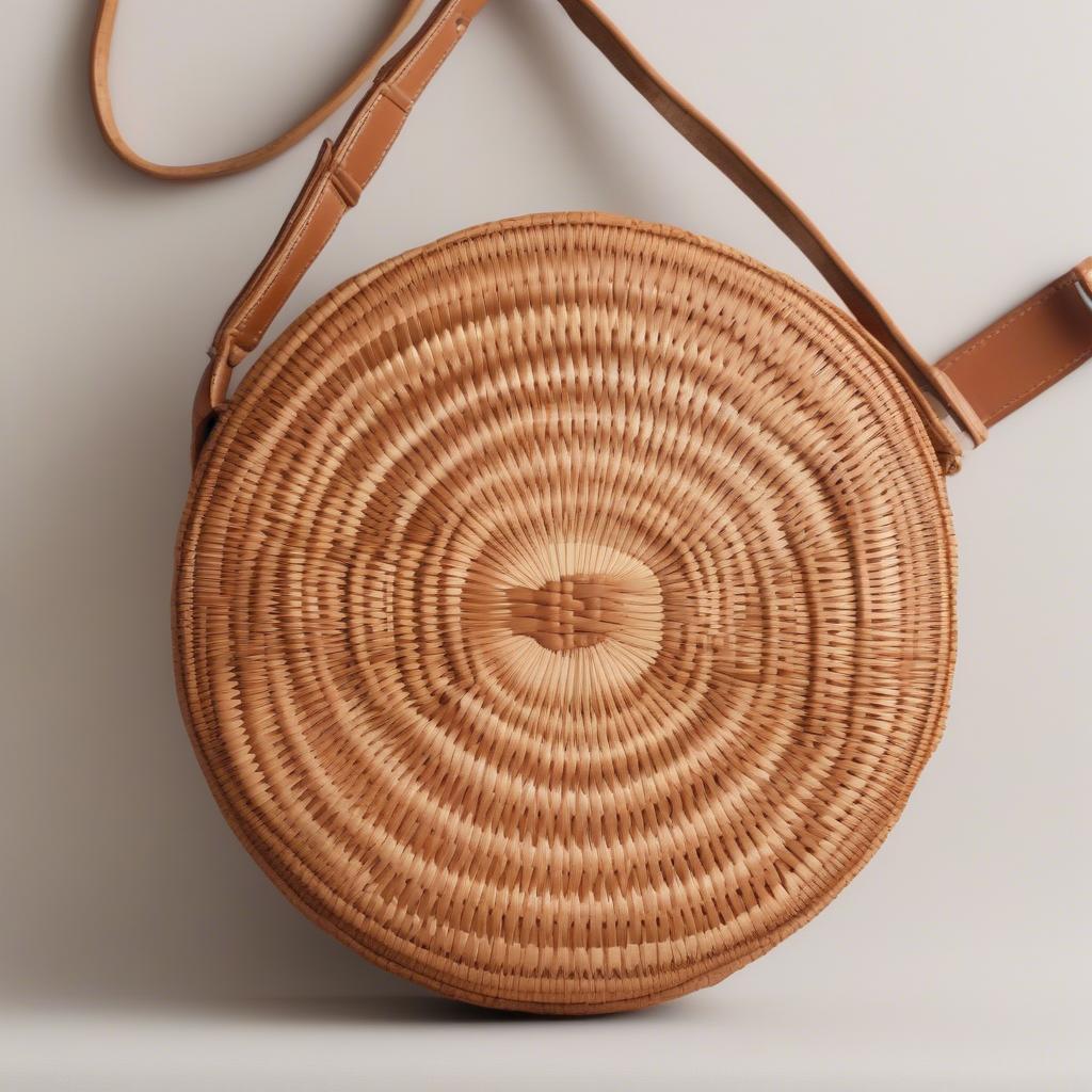 Woven circle cross body bag made from natural fibers like rattan and wicker.