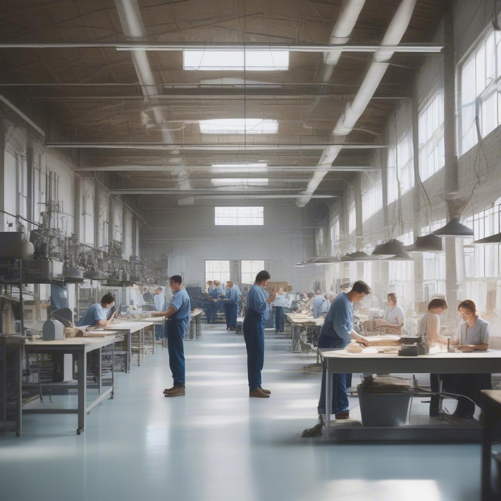 Workers in a woven cloth bag factory operating in ethical and sustainable conditions