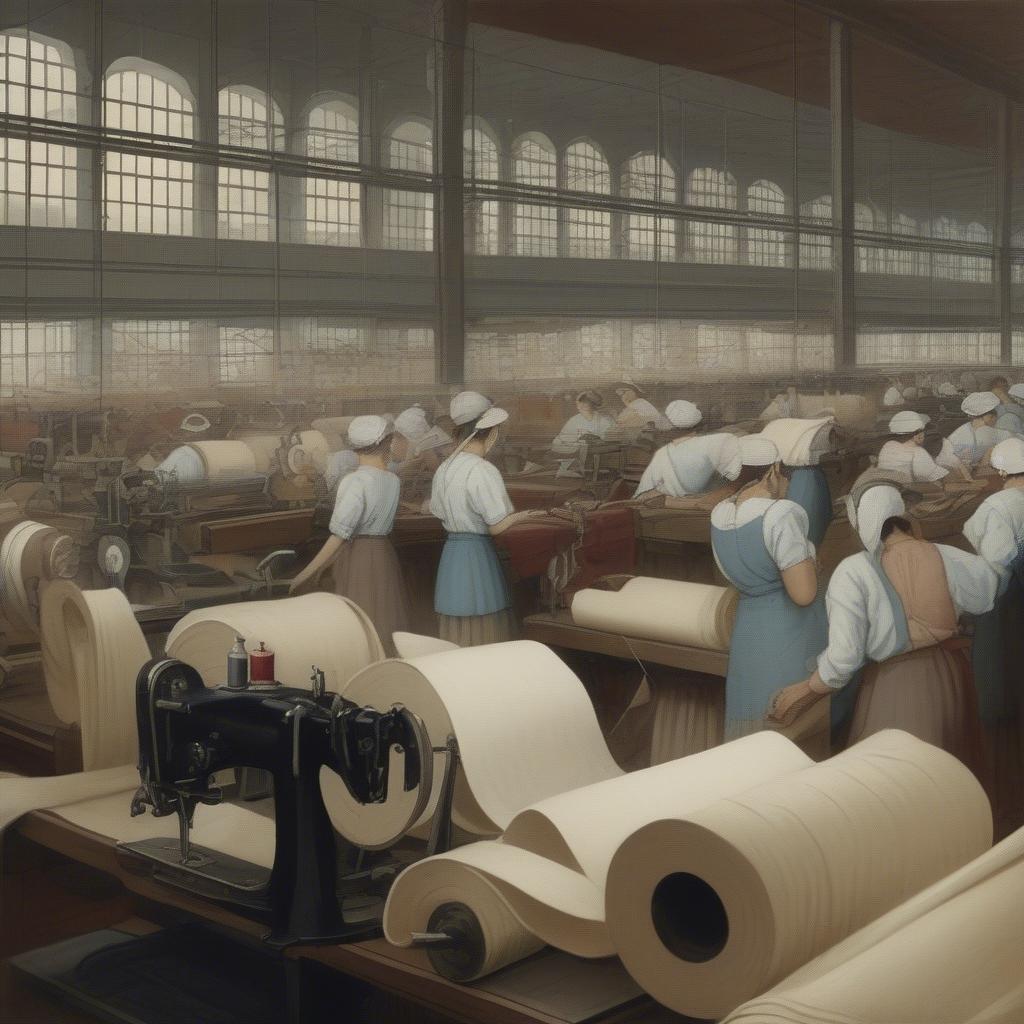 Woven cloth bag factory production line showing workers and machinery