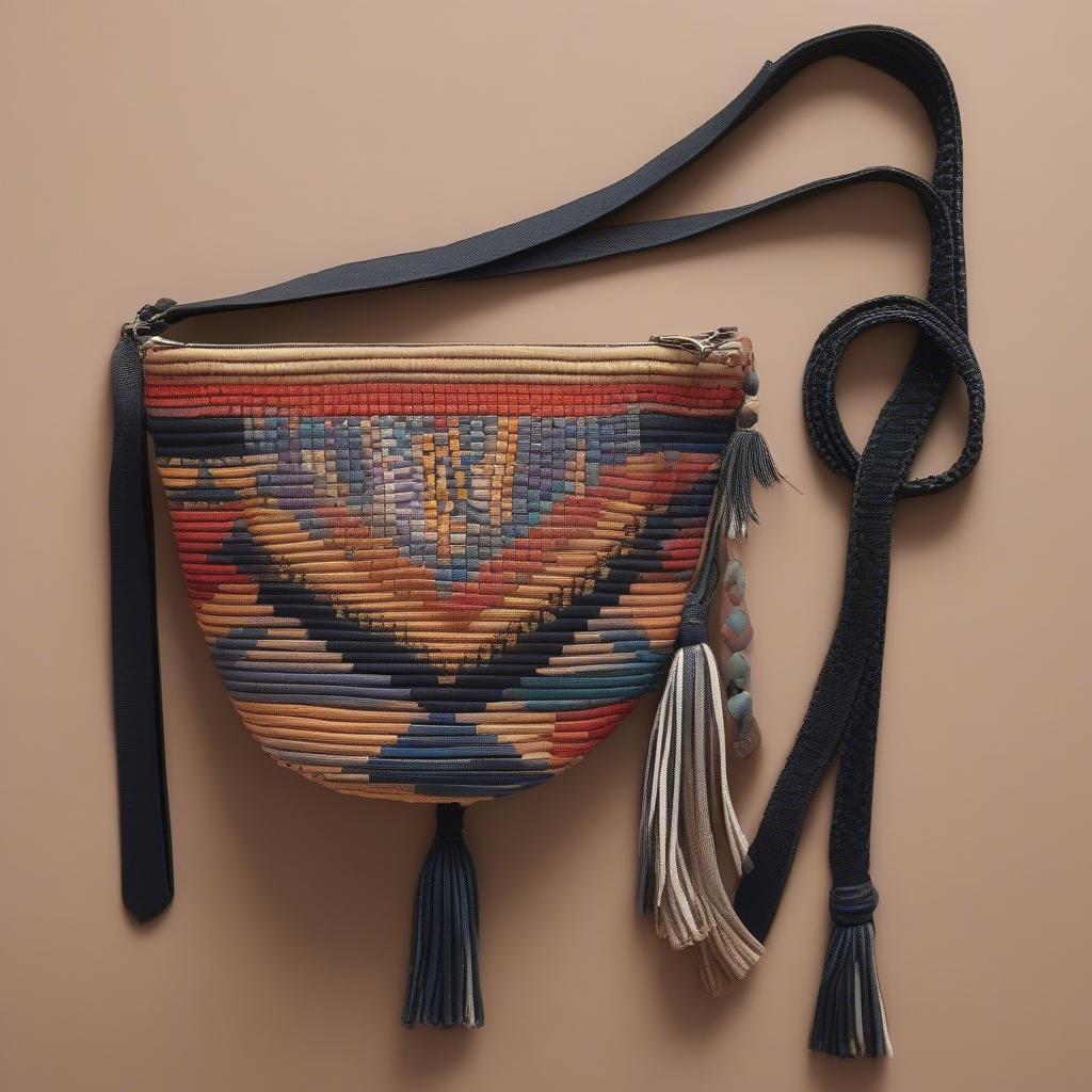 Different styles of woven fanny bags, including round, rectangular, and embellished designs.