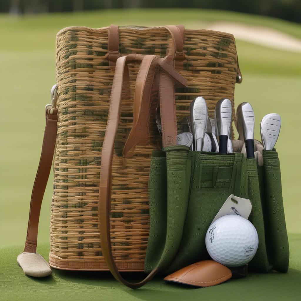 Woven golf shopping bag on a golf course