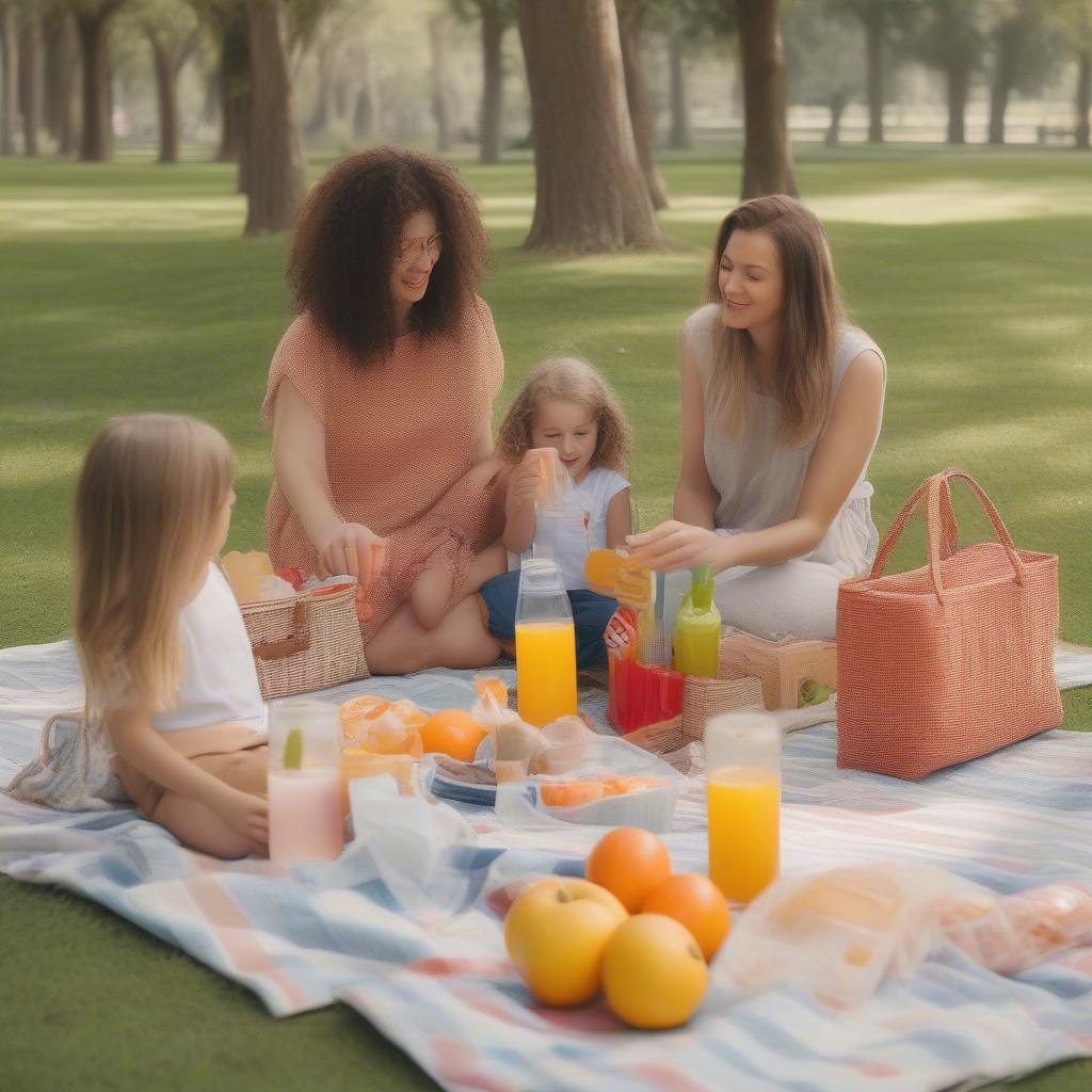 Family using Woven Juice Box Bags at a Picnic