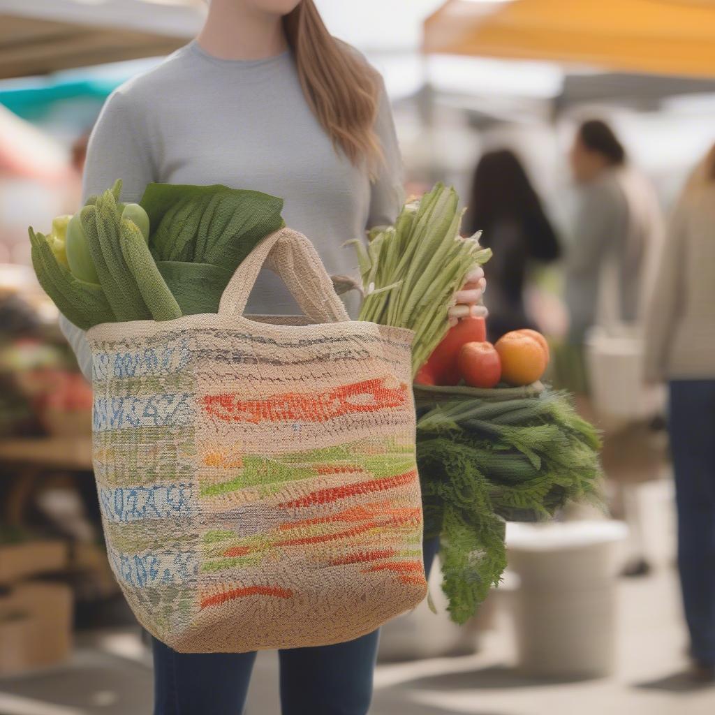 Using a Woven Market Bag at a New Zealand Farmers Market