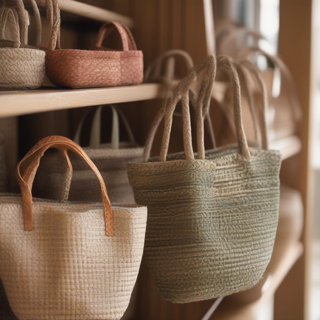 Woven mini tote bag made from natural fibers like seagrass, rattan, and jute.