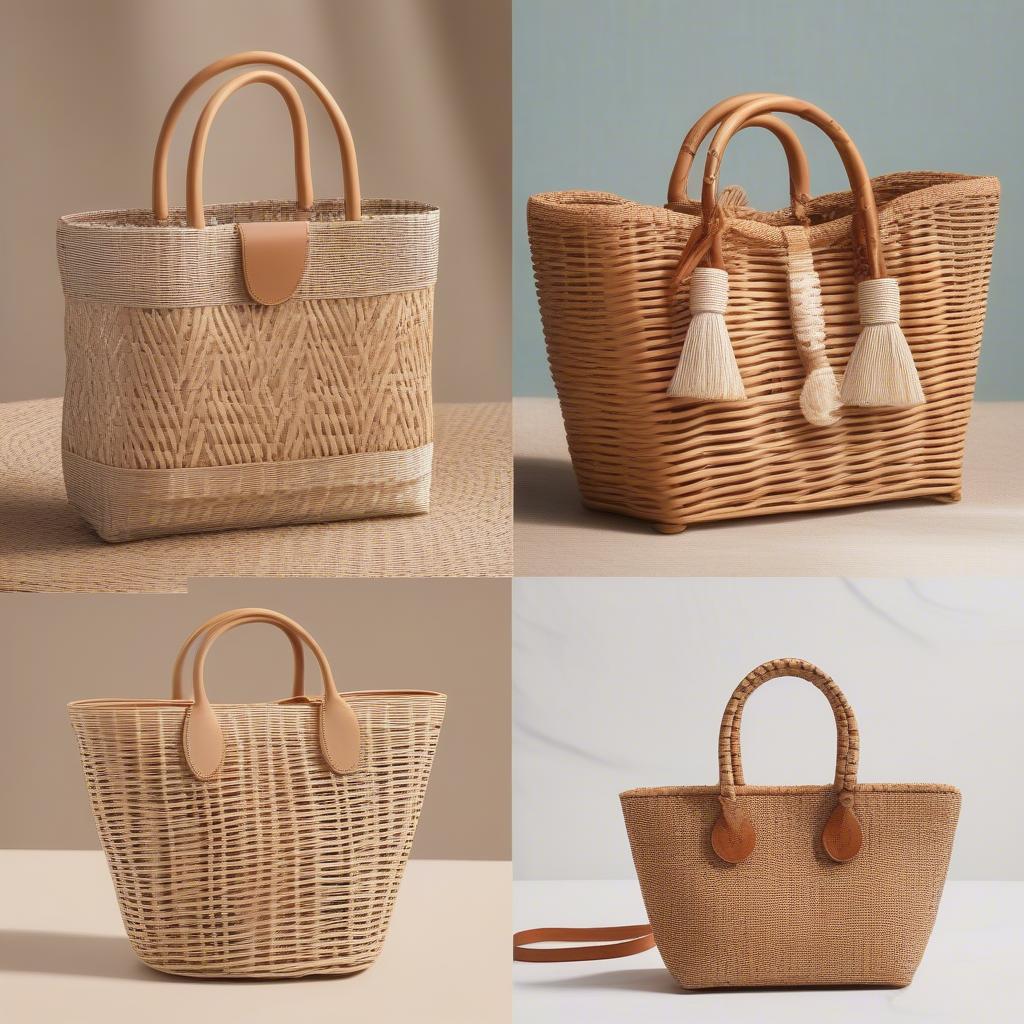 Woven mini tote bags made of rattan and wicker, showcasing different weaving techniques and styles.