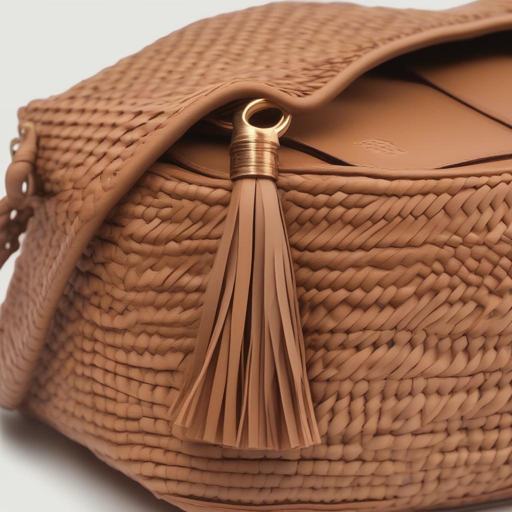 Close-up of a woven napa bag with tassel showcasing the intricate weaving and soft leather