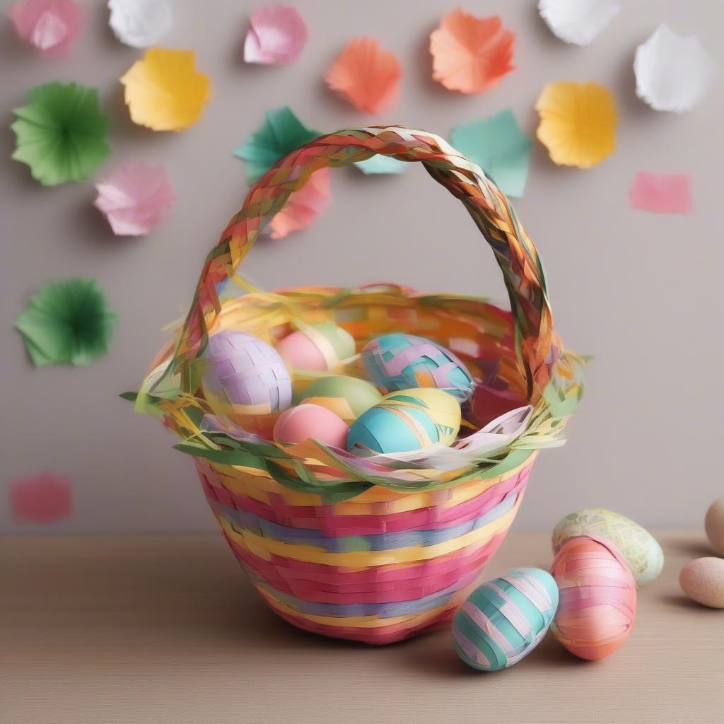 Examples of woven paper Easter baskets in different designs.