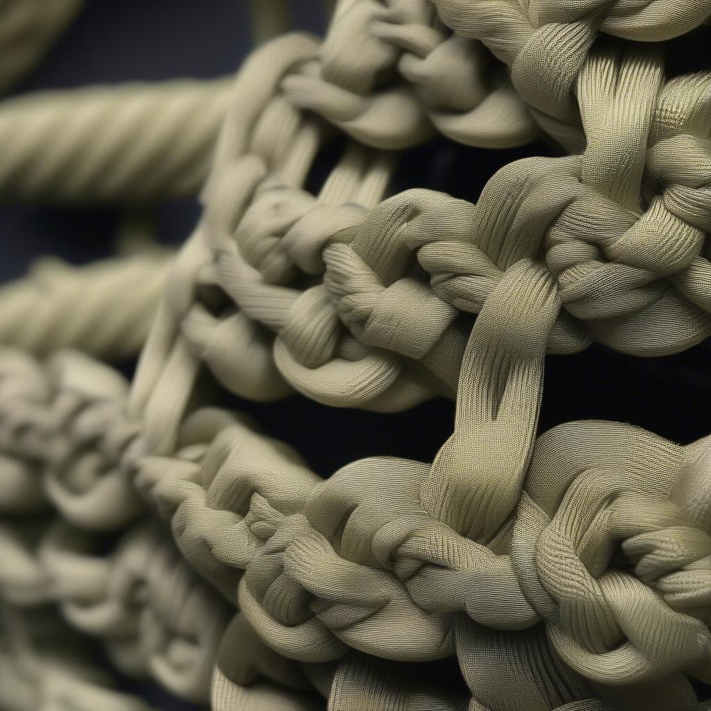 Close-up view of a woven paracord shoulder bag showing the intricate knotting and texture.