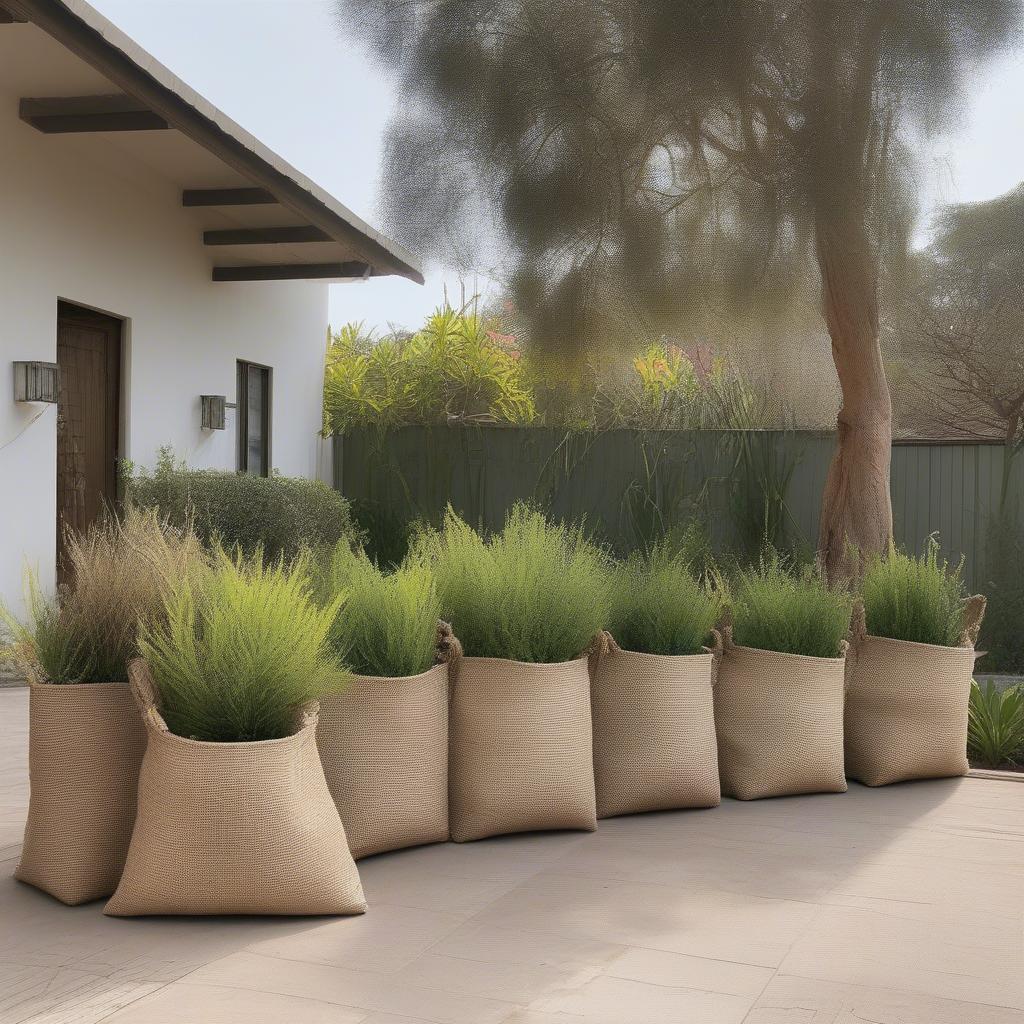 Variety of woven planter bags in a South African garden