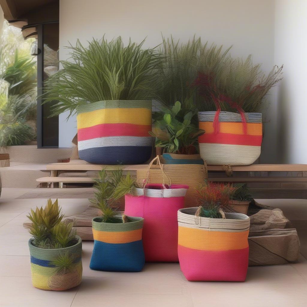 Woven planter bags on a South African patio