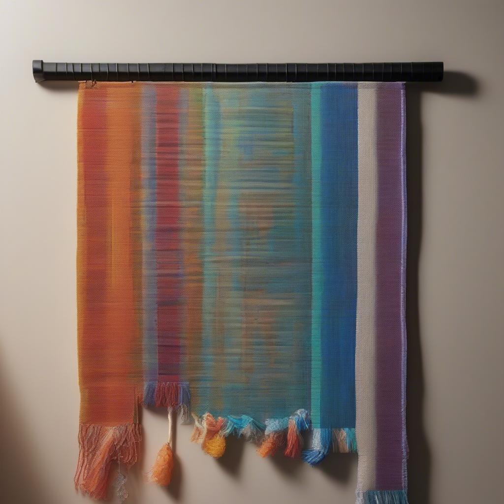 A woven plastic bag mat creatively displayed as wall decor, adding color and texture to a room.