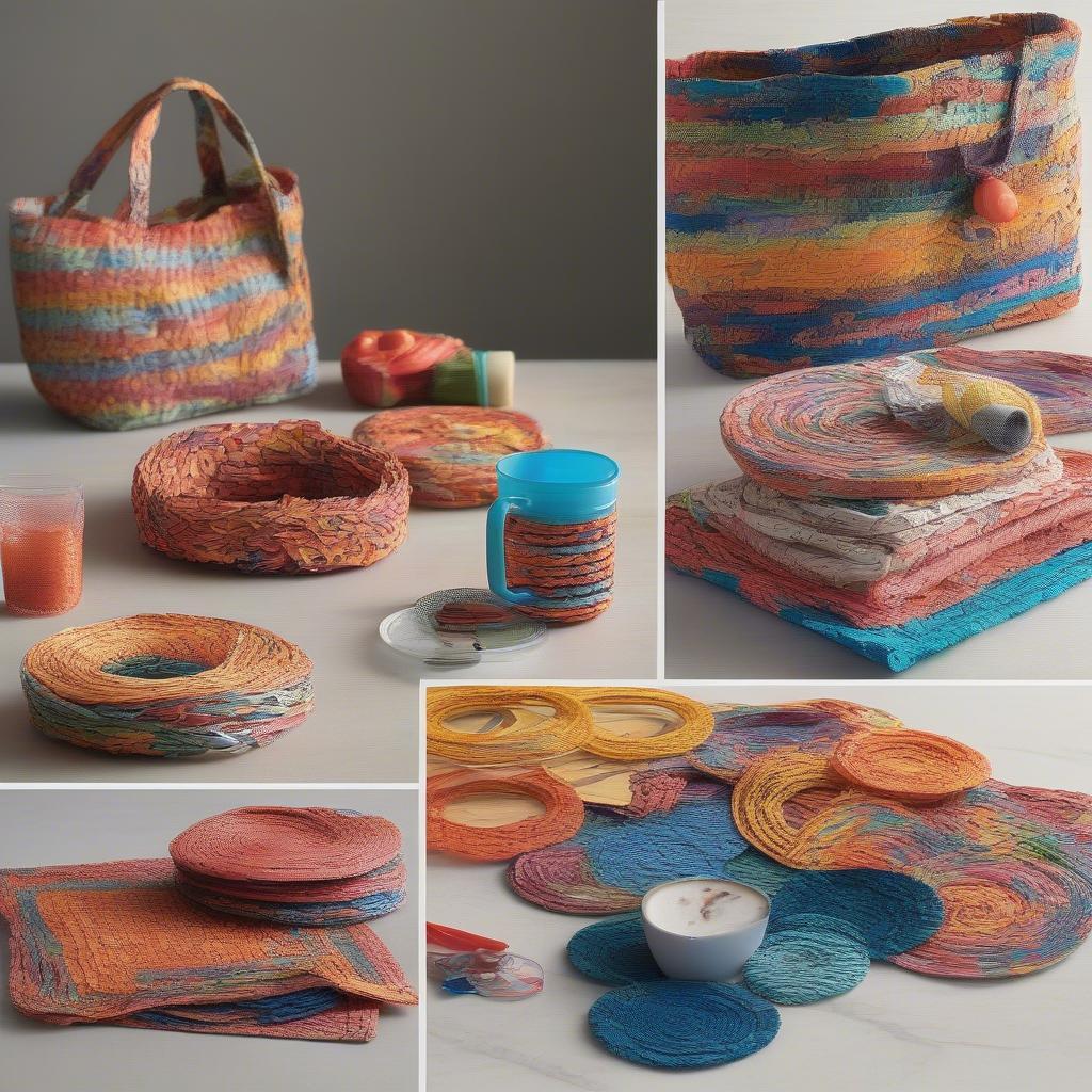 Examples of Woven Plastic Bag Projects: A variety of colorful items woven from plastic bags, including a bag, a mat, and a coaster.