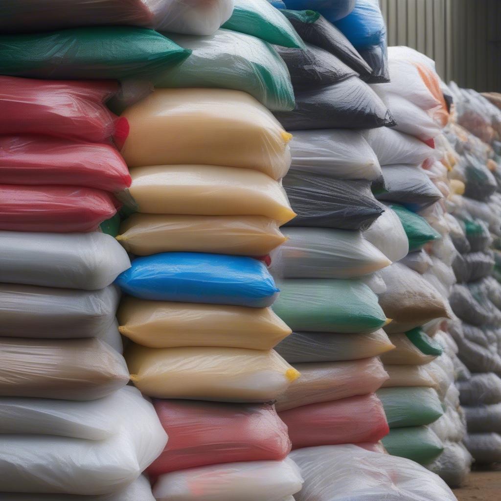 Woven plastic bags stacked on a farm