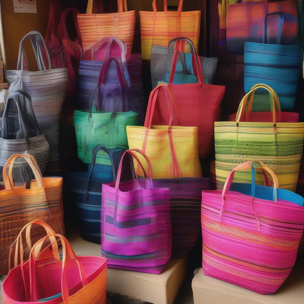 Woven Plastic Tote Bags Displayed for Sale