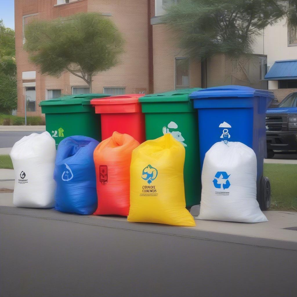 Woven polypropylene bags near a recycling bin