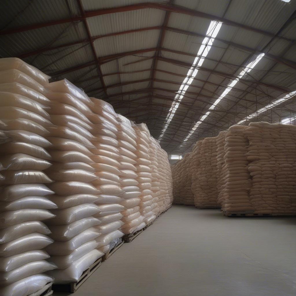 Woven Polypropylene Bags Filled with Rice in a Philippine Warehouse