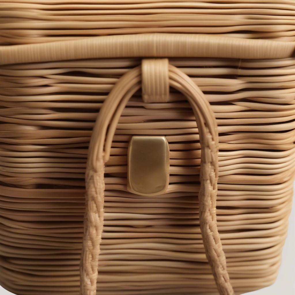 Close-up view of a woven rattan box crossbody bag showcasing intricate craftsmanship.