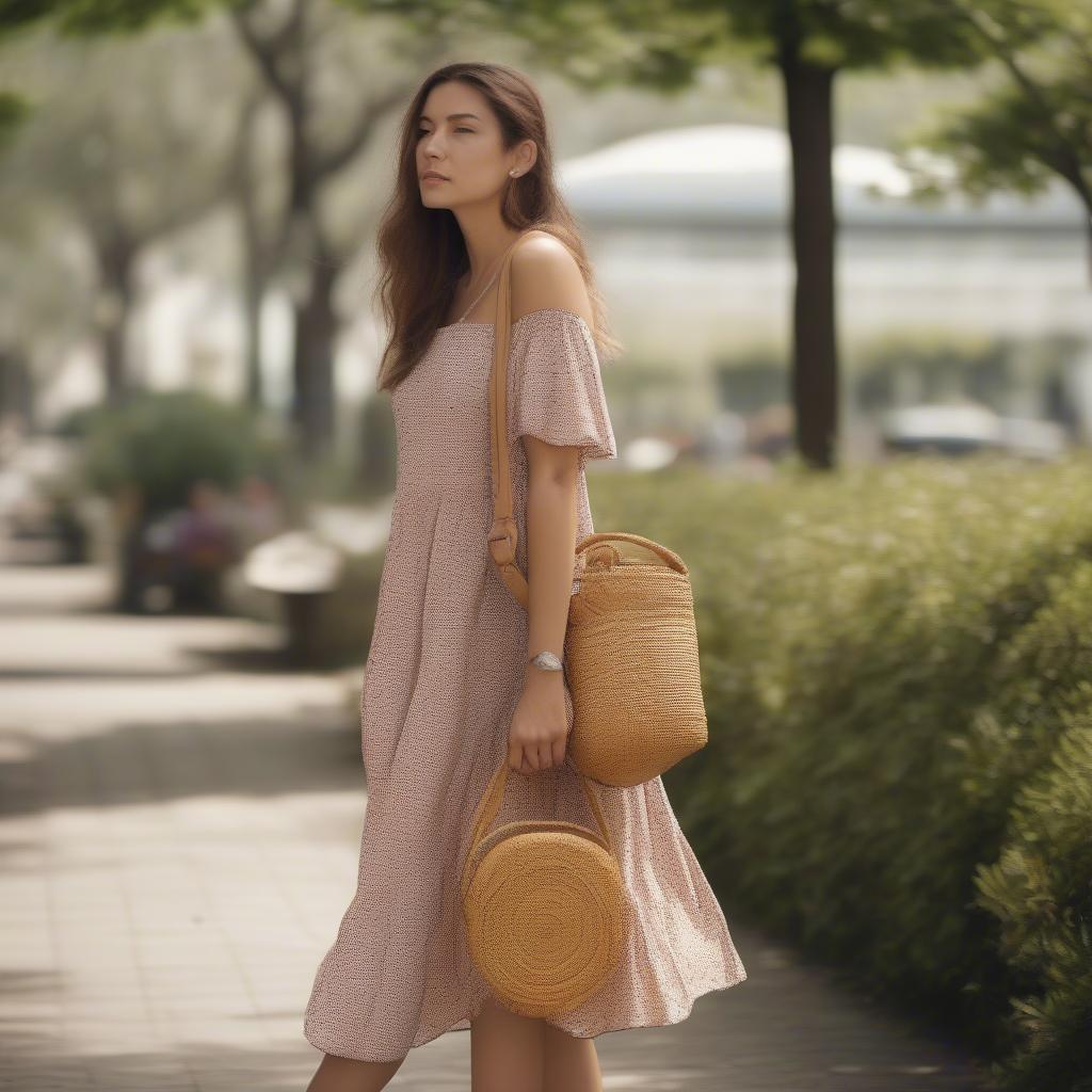 Model showcasing a woven rattan shoulder bag