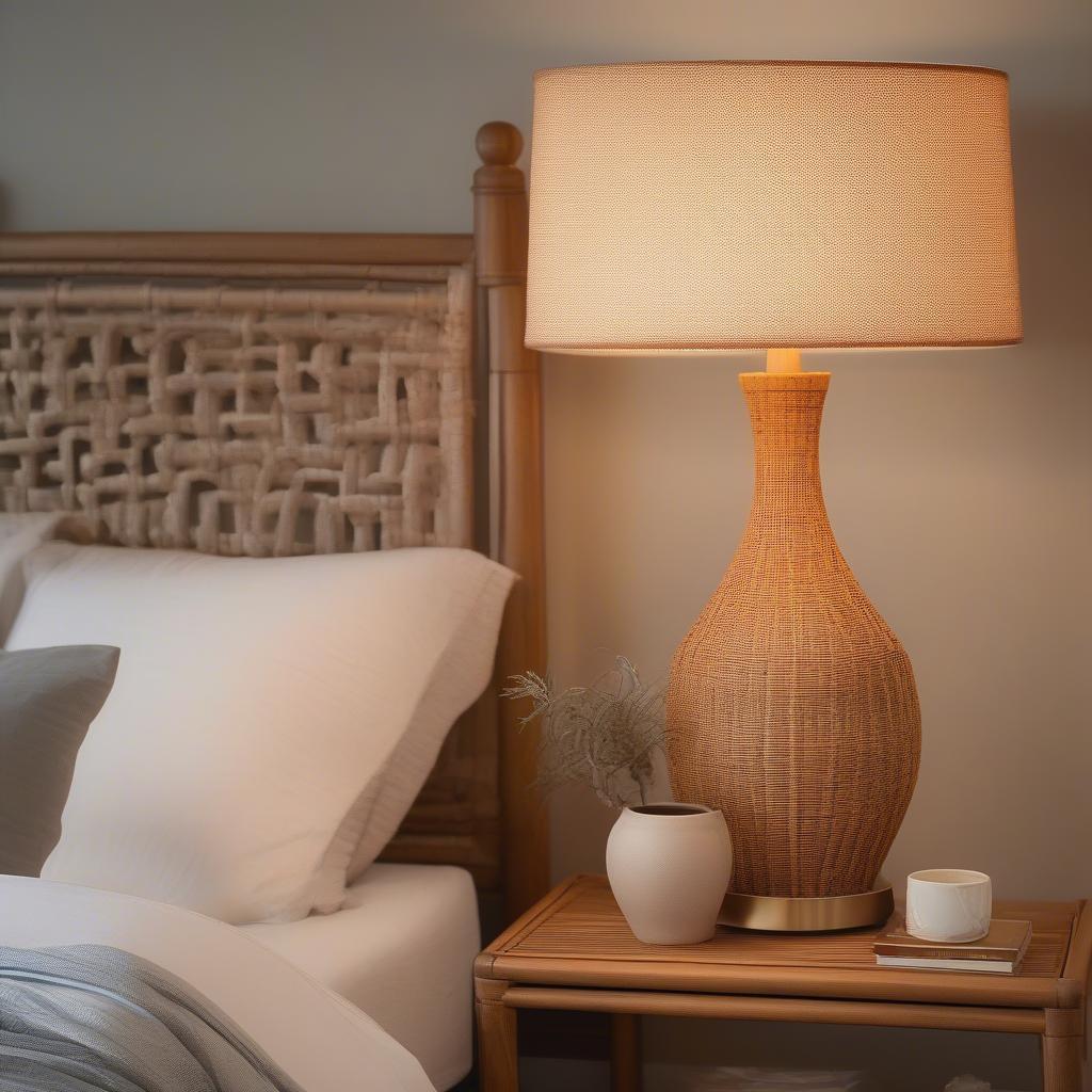 A stylish woven rattan table lamp adds a warm and inviting touch to a bedroom.