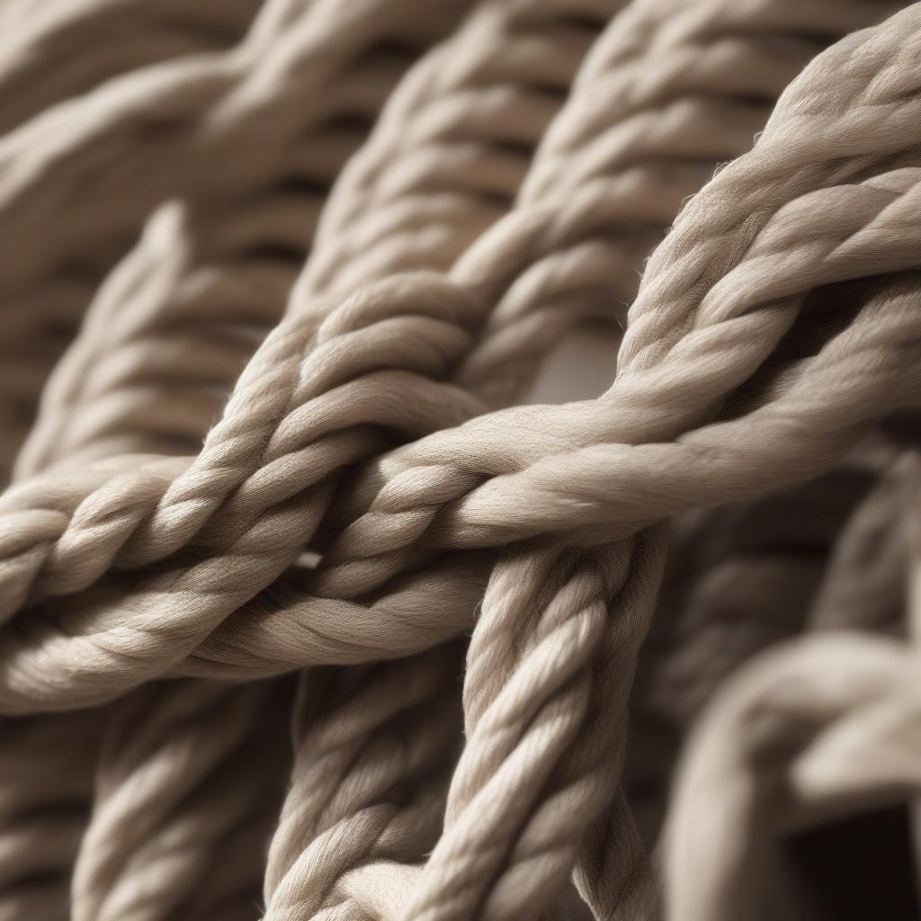 Close-up of a woven rope dining chair, showcasing the intricate braiding pattern and natural texture of the rope.