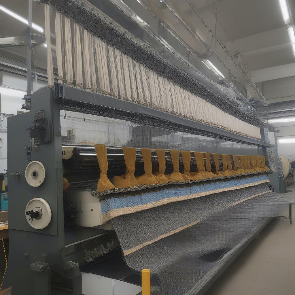 Woven sack bag stitching machine in industrial setting