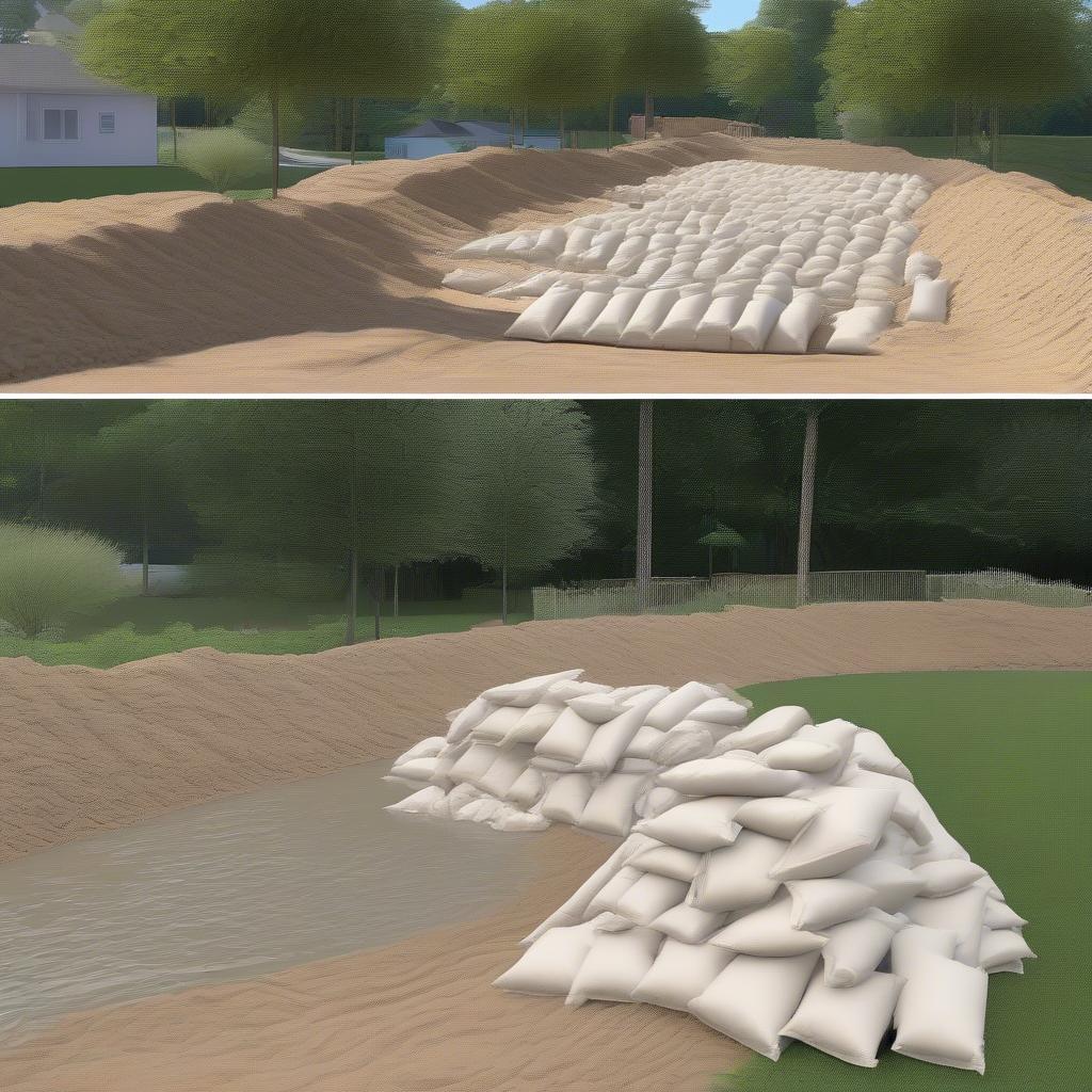 Woven sand bags used in various applications, like flood control, landscaping, and construction.