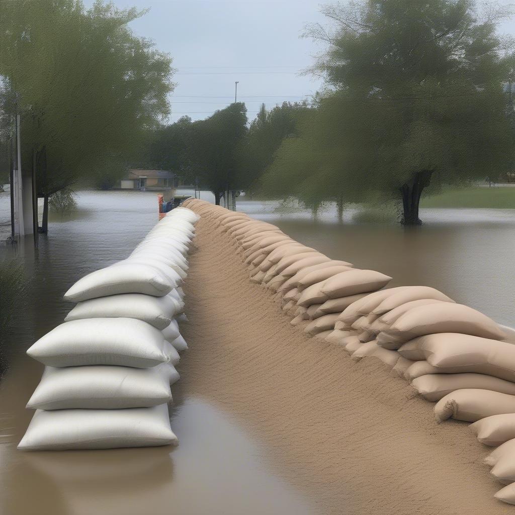 Woven sand bags being used as a flood barrier