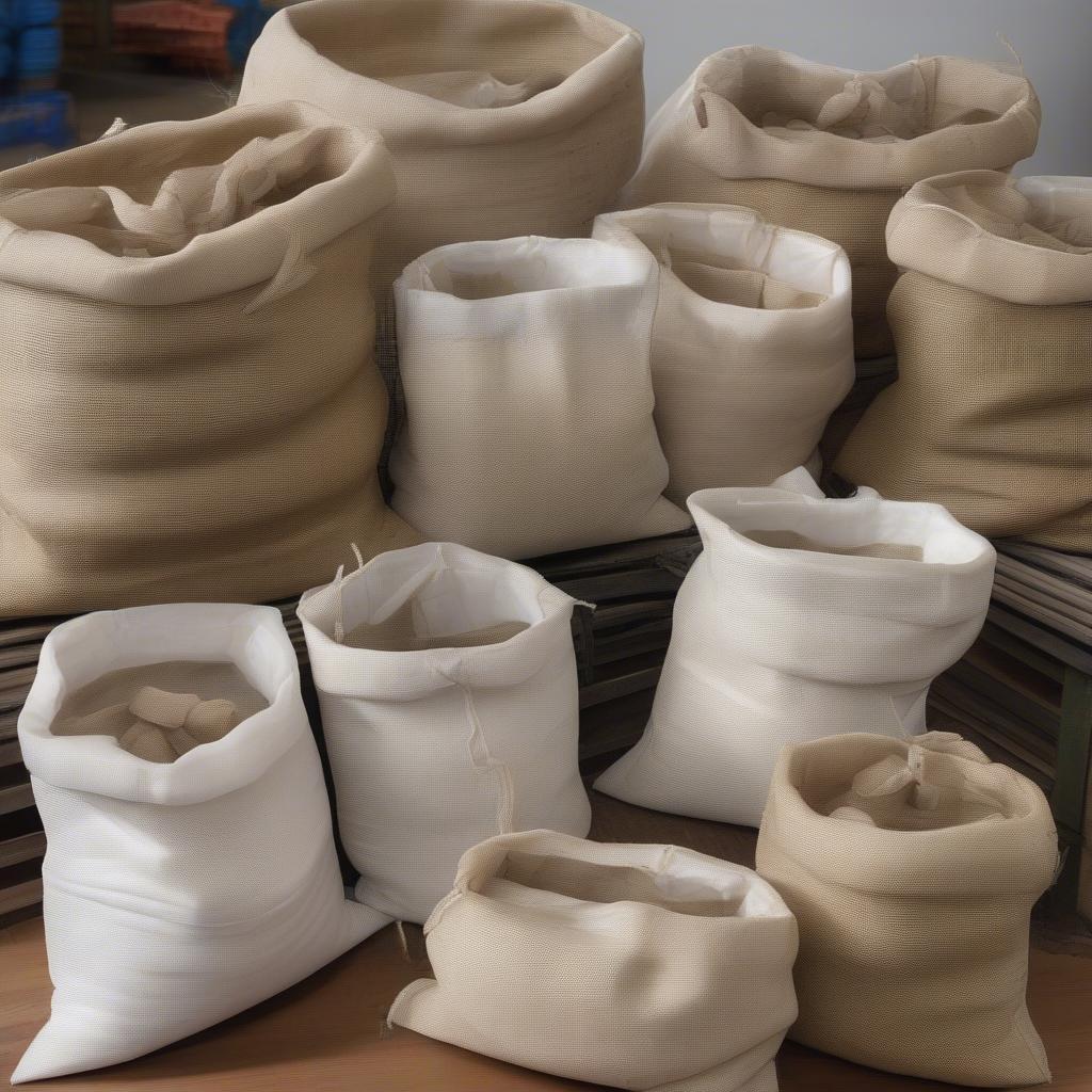 Woven sand bags made from various materials like polypropylene and burlap showcasing different construction methods.